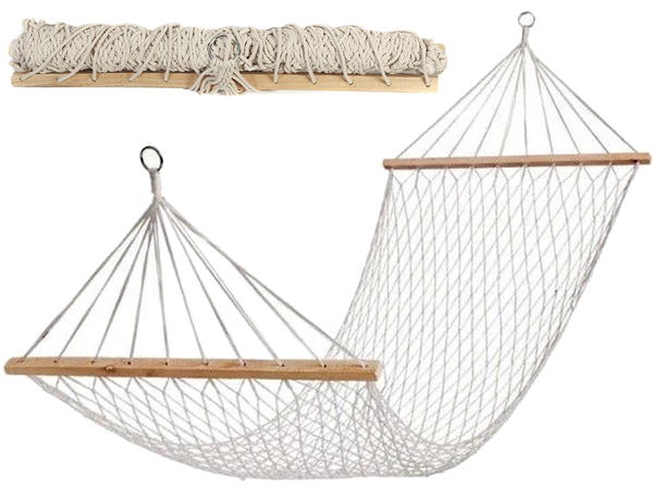Hamac de jardin corde filet bois croisillons boho tressé blanc
