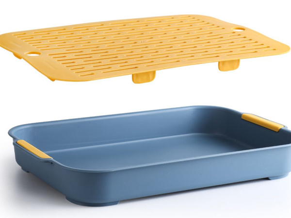 Dvijų sluoksnių virtuvės padėklas su nuotekų surinkėju indams, daržovėms, vaisiams, plastikui