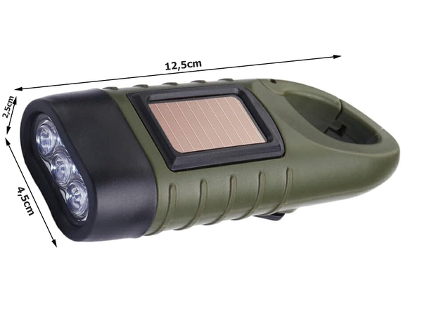 DYNAMO SOLAR TORCH 3 LED KINETIC ROČNA KLJUČEVINA S KLIPOM