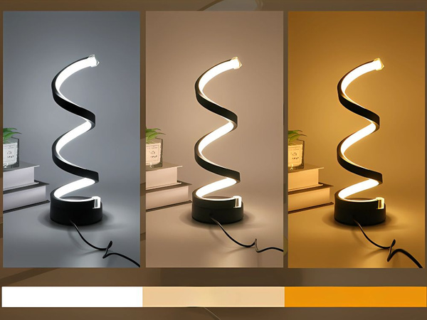 Lámpara LED espiral de escritorio y mesa, 3 colores de luz, USB, regulación de intensidad