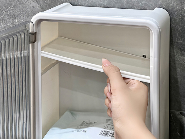 Wall-mounted bathroom shelf, 3 levels, doors, opening for tissues