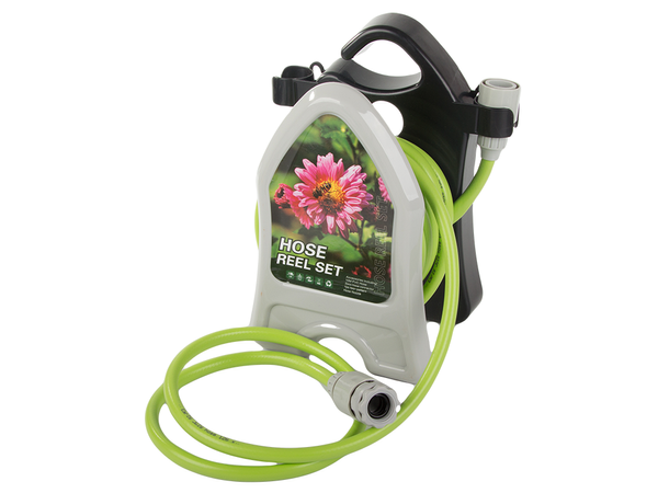 Tuyau d'arrosage de jardin sur pied avec pistolet enroulé 10m