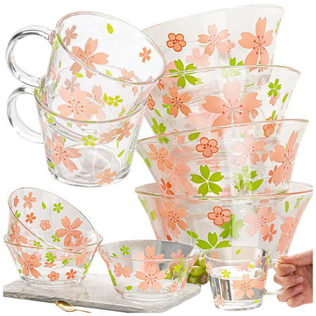 Set mit Schüsseln, Bechern, Tassen und Salatschüsseln aus Glas mit Blumenmuster, 6-teilig