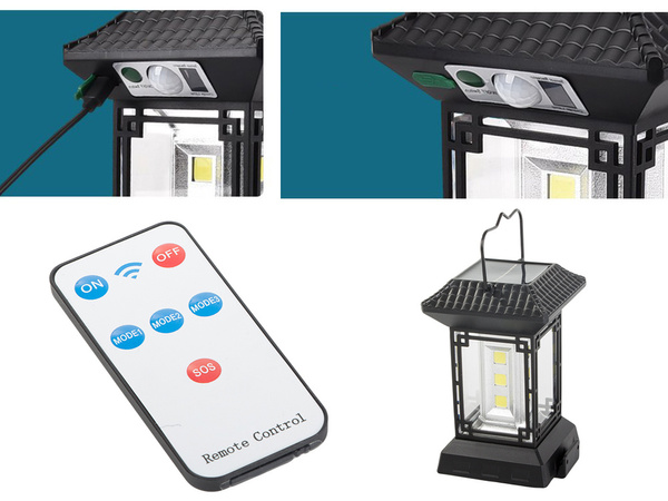 Saules lampa ar krēslas kustības sensoru 5 režīmi 60 led cob ar tālvadības pulti