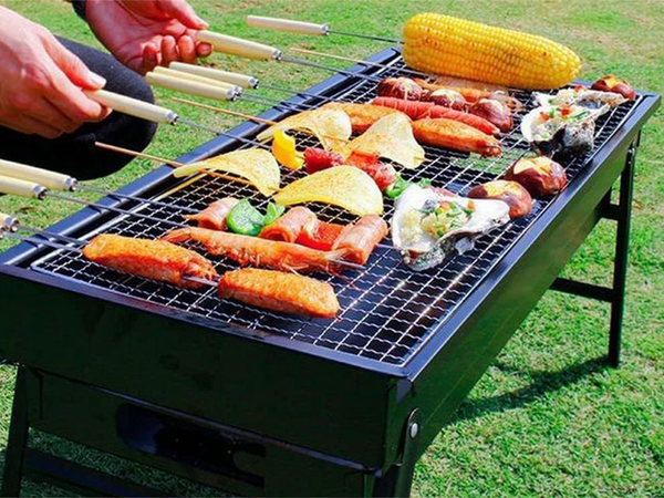 Cestovný gril prenosný skladací kufor na drevené uhlie kempingový bbq veľký