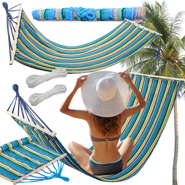 Vrtna viseča mreža ojačana črtasto obarvana lesena gugalnica 200 x 80