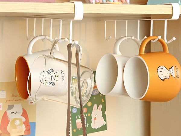 Kitchen hanging rack white metal 6 hooks for utensils hooks