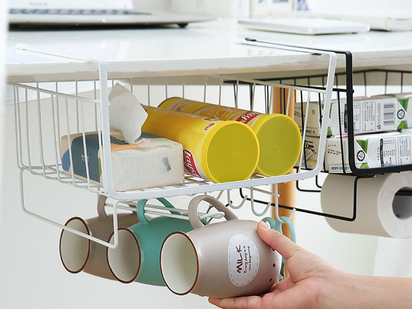 Metal basket under cabinet top 5 hooks paper holder