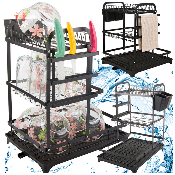 Dviem lygiu diskinis indų džiovintuvas, skirtas plokščioms, stalo įrankiams ir puodeliams, su nuotekų dėžute