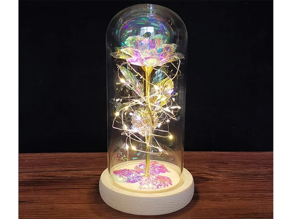 Wieczna róża w szkle prezent led świecąca pudełko szklana drewniana podst.