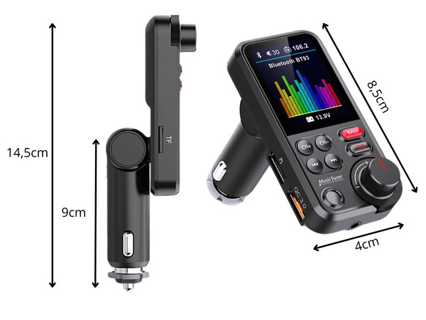 Transmetteur bluetooth 5.0 fm speakerphone usb qc tf bass lcd 12-24v