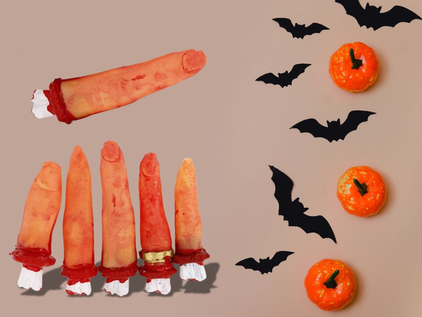 Falošné odrezané prsty halloween dekorácie 5 gumových šitých prstov