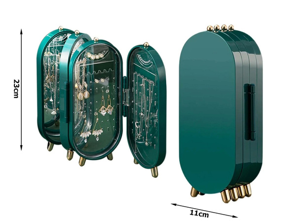 Organizér na šperky skladací kazetový stojan so zrkadlom zelený