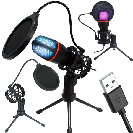 Microfon de studio usb rgb trepied pentru calculator stream gaming cardioid