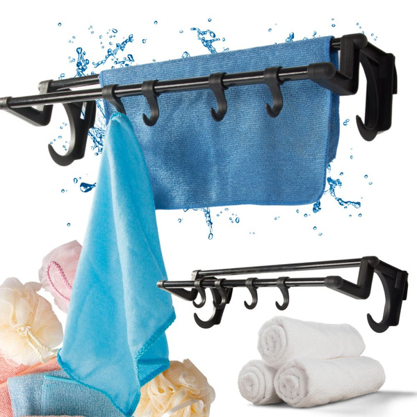 Colgador de baño negro para toallas y accesorios 40cm sin taladrar 4 ganchos