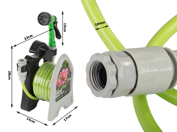 Manguera de riego de jardín sobre soporte con pistola en espiral 10m