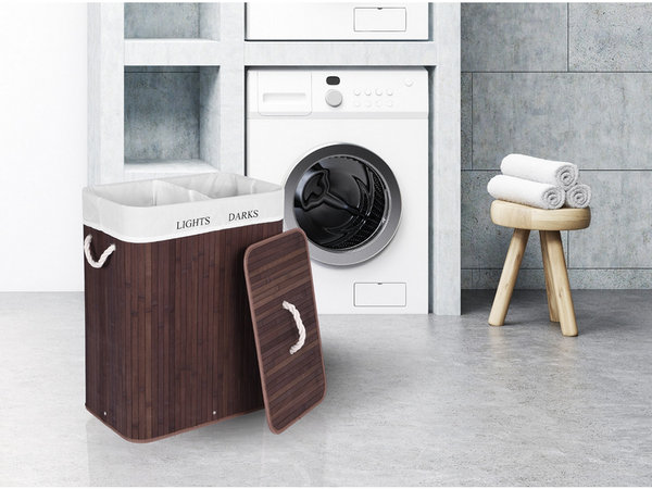 Bambus coș de rufe 2 compartimente de sine stătător organizator container capac