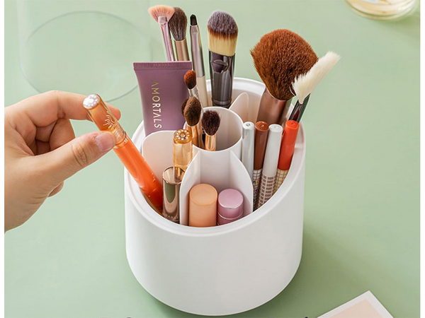Cosmetics organiser swivel make-up brush holder with lid
