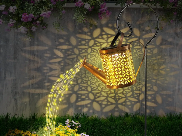 DECORATIVE SOLAR LED LANTERN GARDEN WATERING CAN GARLAND TWILIGHT SENSOR