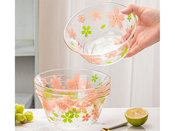 Set mit Schüsseln, Bechern, Tassen und Salatschüsseln aus Glas mit Blumenmuster, 6-teilig