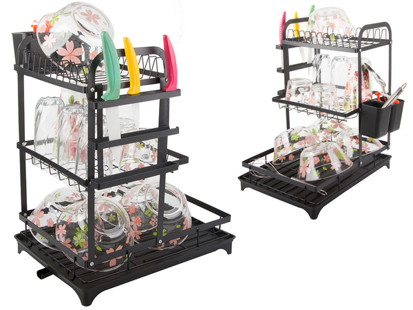 Dviem lygiu diskinis indų džiovintuvas, skirtas plokščioms, stalo įrankiams ir puodeliams, su nuotekų dėžute