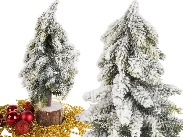 Arbre de noël artificiel neige petit bureau décoratif sur tronc épais enneigé