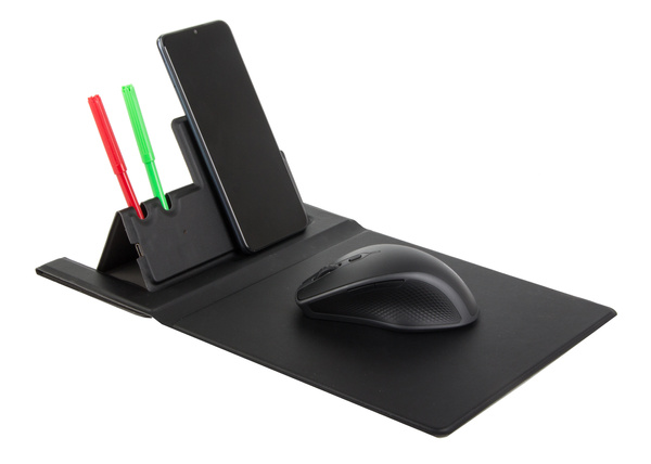 Mouse pad wireless inductive charger for phone organizer