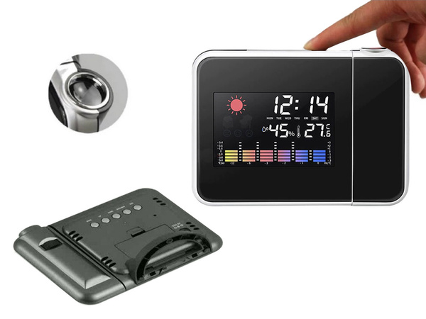 Meteorologické hodiny s projektorem a vlhkoměrem datum