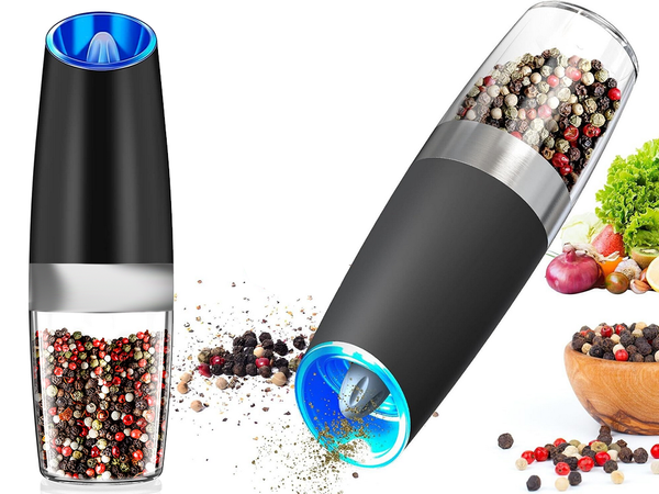 Electric gravity pepper and salt mill with lighting and adjustment