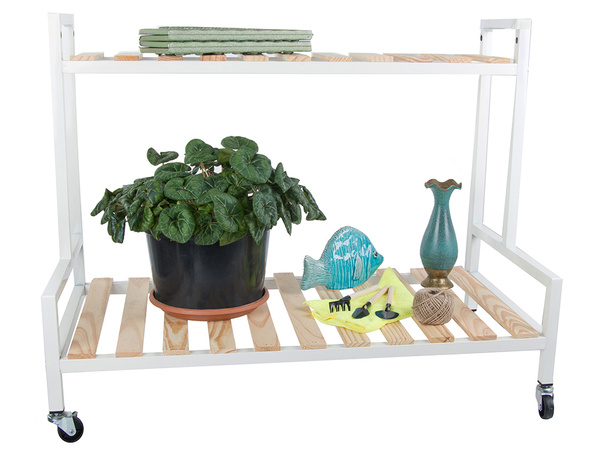 Parterre de madera para flores en maceta estantería de dos pisos sobre ruedas terraza