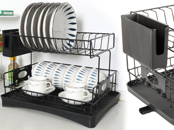 Séchoir à vaisselle pour assiettes, couverts et tasses à deux niveaux avec égouttoir et plateau