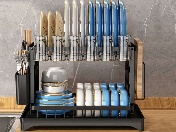 Dishwasher dryer plates cutlery cups two-level drainer with tray