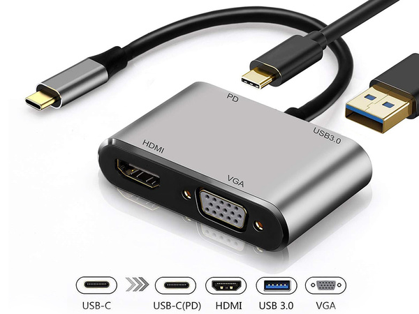 Adapteris usb-c uz hdmi 4k vga hub usb 3.0 usb-c barošanas adapteris