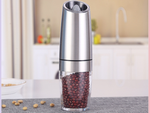 Electric gravity pepper and salt mill with lighting and adjustment