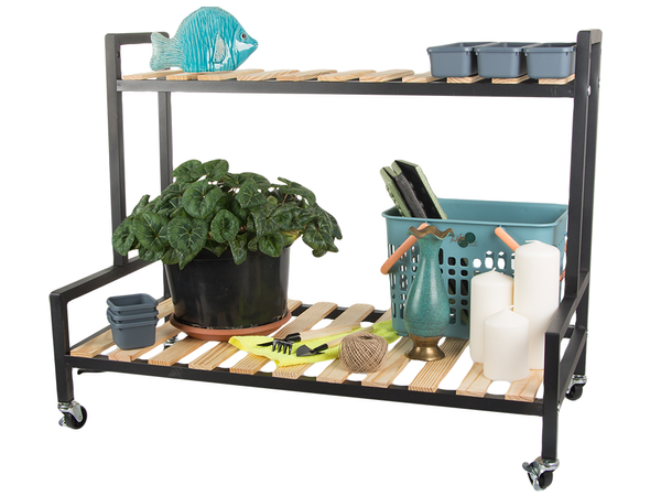 Dřevěný záhon pro hrnkové květiny dvoupatrový regál na kolečkách terasa