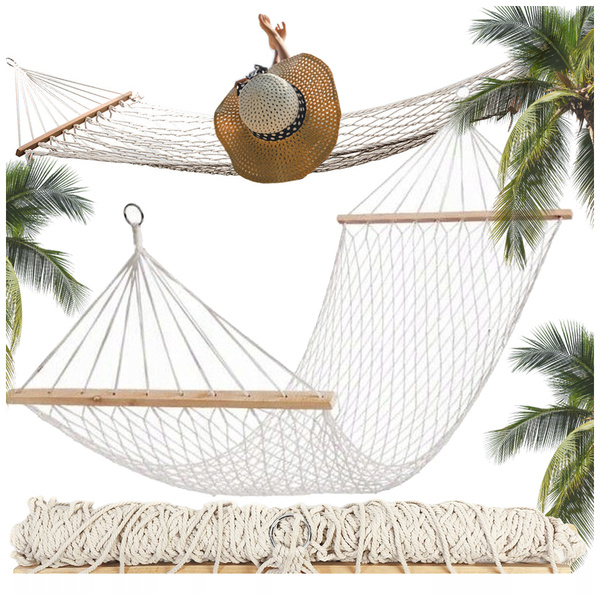 Garten hängematte seil netz hölzerne querbalken boho geflochten weiss