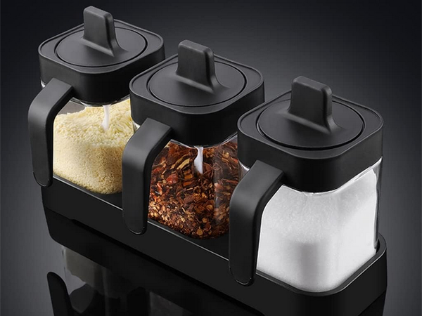 Glass spice containers with food spoon set of 3 pieces