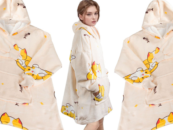 Silts džemperis kaķis sega oversize xxl 2in1 bieza kažokādas mīksts ar kapuci