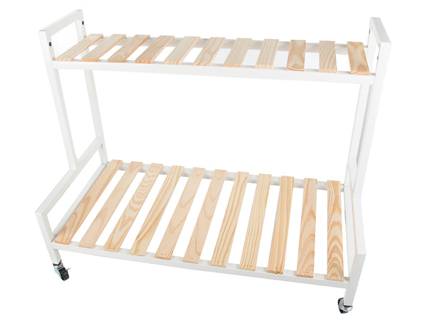 Parterre de madera para flores en maceta estantería de dos pisos sobre ruedas terraza