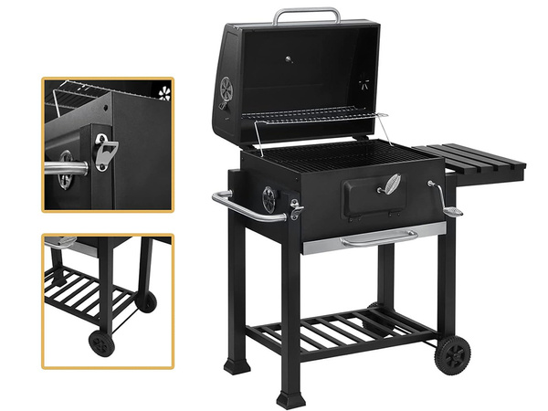 Faszenes kerti grill két rács hőmérő fedél polc polc hamutál nagyméretű