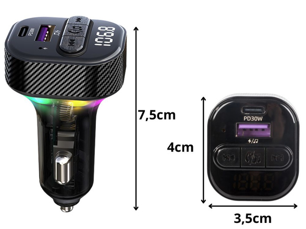 Car transmitter fm mp3/wma usb a+usb c 30w bluetooth 5.3 led qc 3.0