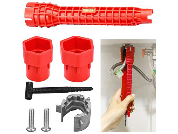 Uzgriežņu atslēgu, lai piestiprinātu krānu izlietnei.