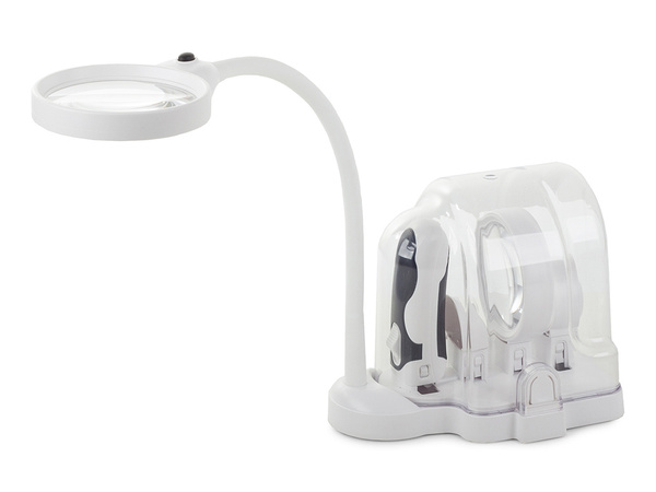 Rašomojo stalo lupa 2in1 su keičiamais lęšiais 6 šviesos diodai