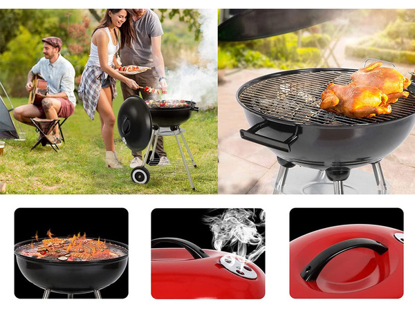 Charcoal garden briquette grill wheels round lid lockable portable