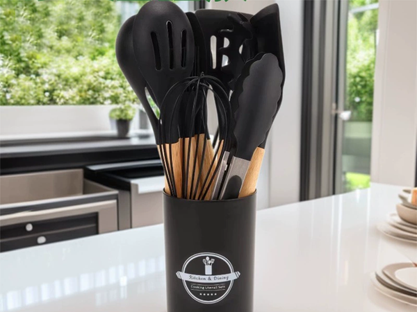 Set de utensile de bucătărie din silicon accesorii din lemn linguri 12 piese