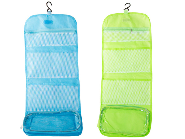Collapsible vanity case hanging bathroom organiser with hanger