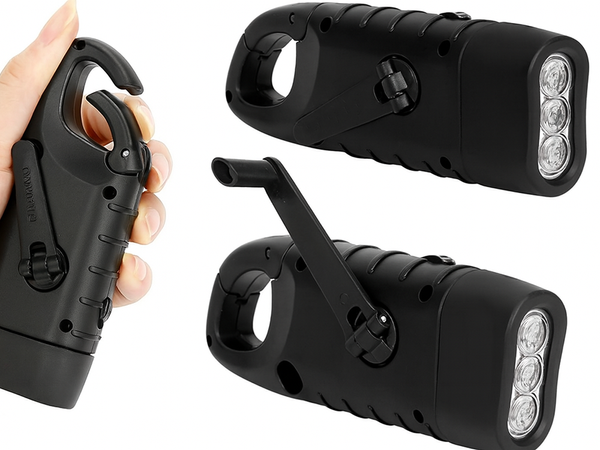 DYNAMO SOLAR TORCH 3 LED KINETIC HAND CRANK CLIP