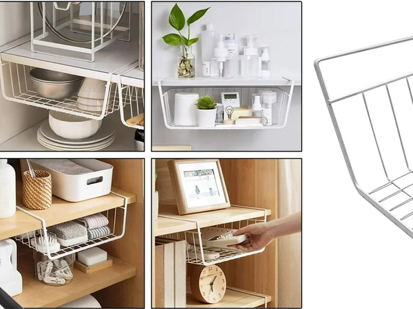 AKASZTÓS KOSÁR POLC ALATT FÉM KOSÁR SZERVEZŐ KONYHAI KOSÁR FEHÉR
