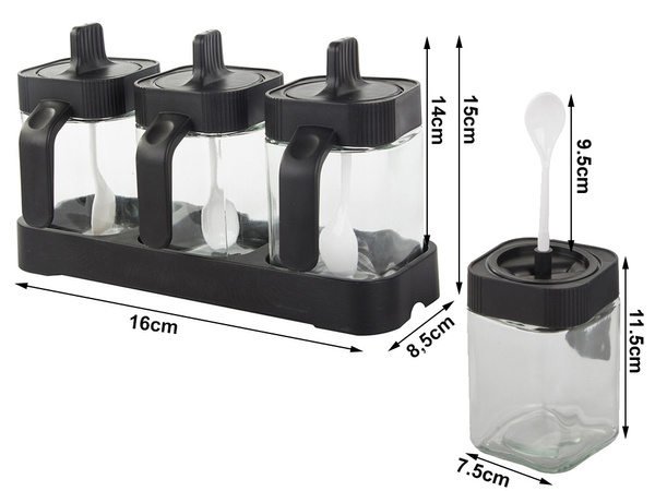 Glass spice containers with food spoon set of 3 pieces