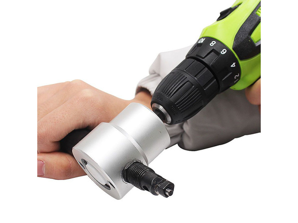 Sheet metal cutting attachment scissors on drill